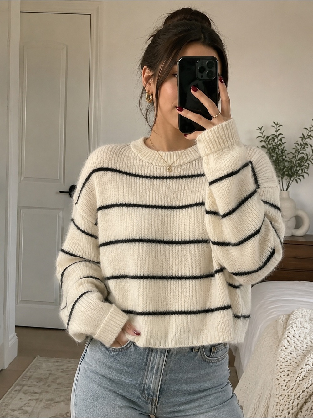 COS Textured Mohair-Blend Striped Sweater – White/Black – XS